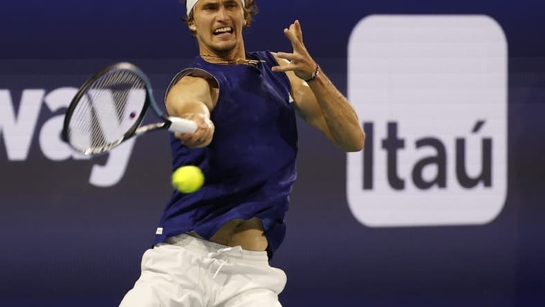 Mar 24, 2023; Miami, Florida, US; Alexander Zverev (GER) hits a forehand against Taro Daniel (JPN) (not pictured) on day five of the Miami Open at Hard Rock Stadium. Mandatory Credit: Geoff Burke-USA TODAY Sports