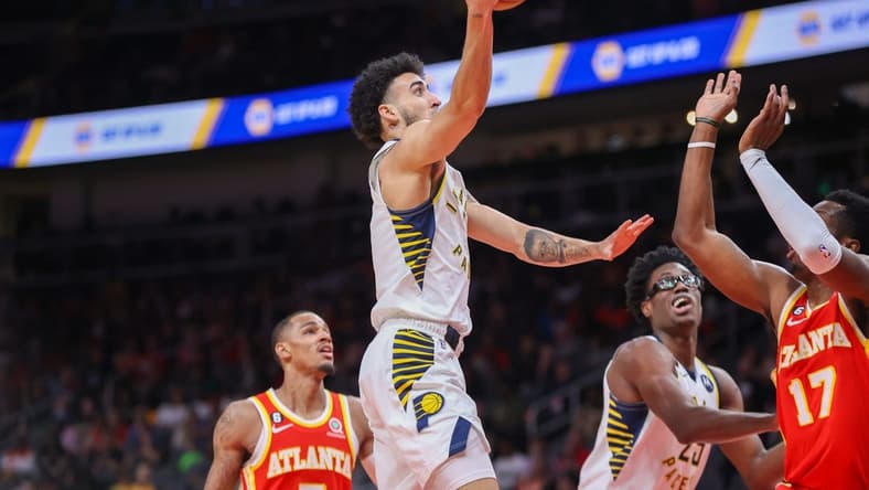 Mar 25, 2023; Atlanta, Georgia, USA; Indiana Pacers guard Chris Duarte (3) shoots against the Atlanta Hawks in the second quarter at State Farm Arena. Mandatory Credit: Brett Davis-USA TODAY Sports