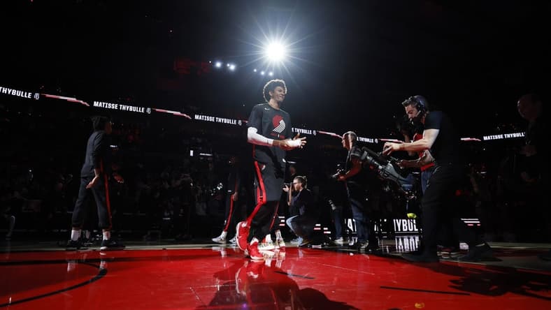 Mar 27, 2023; Portland, Oregon, USA; Portland Trail Blazers forward Matisse Thybulle (4) is introduced as part of the starting lineup before the game against the New Orleans Pelicans at Moda Center. Mandatory Credit: Soobum Im-USA TODAY Sports