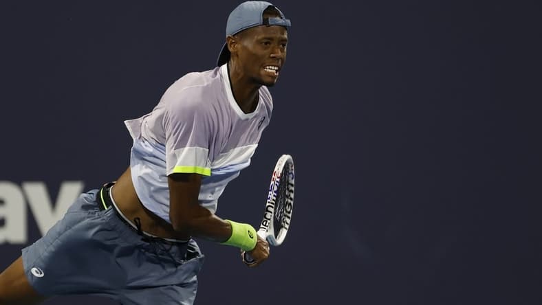 Mar 28, 2023; Miami, Florida, US; Christopher Eubanks (USA) serves against Adrian Mannarino (FRA) (not pictured) on day nine of the Miami Open at Hard Rock Stadium. Mandatory Credit: Geoff Burke-USA TODAY Sports