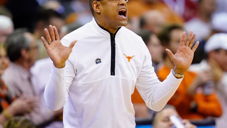 Mar 24, 2023; Kansas City, MO, USA; Texas Longhorns interim head coach Rodney Terry reacts during the second half of an NCAA tournament Midwest Regional semifinal against the Xavier Musketeers at T-Mobile Center. Mandatory Credit: Jay Biggerstaff-USA TODAY Sports