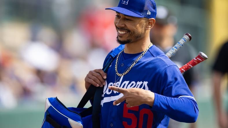 Mar 5, 2023; Phoenix, Arizona, USA; Los Angeles Dodgers second baseman Mookie Betts against the Chicago White Sox during a spring training game at Camelback Ranch-Glendale. Mandatory Credit: Mark J. Rebilas-USA TODAY Sports