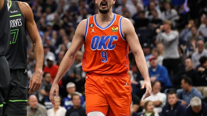 Apr 14, 2023; Minneapolis, Minnesota, USA; Oklahoma City Thunder forward Dario Saric (9) reacts during the first quarter against the Minnesota Timberwolves at Target Center. Mandatory Credit: Matt Krohn-USA TODAY Sports