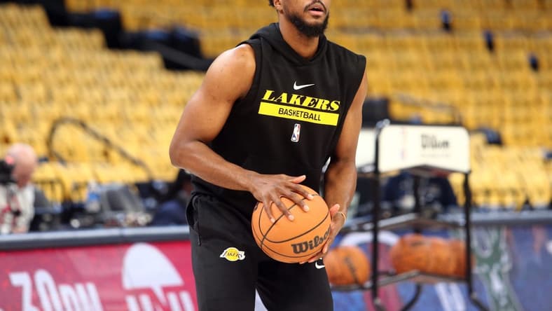 Apr 16, 2023; Memphis, Tennessee, USA; Los Angeles Lakers guard Malik Beasley (5) shoots during warm ups prior to game one of the 2023 NBA playoffs against the Memphis Grizzlies at FedExForum. Mandatory Credit: Petre Thomas-USA TODAY Sports
