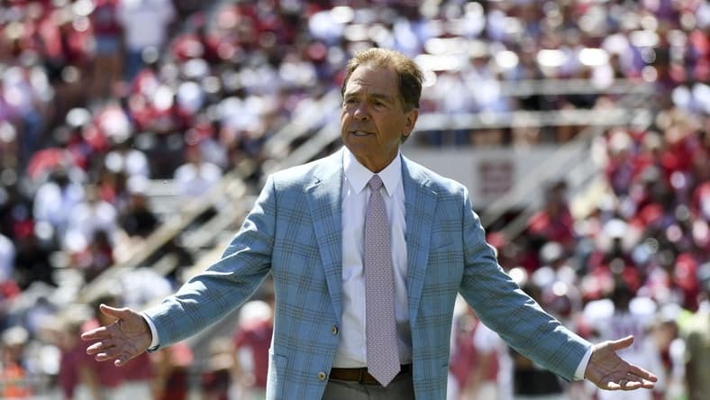Apr 22, 2023; Tuscaloosa, AL, USA; Alabama head coach Nick Saban has some words for the Crimson defense after they allowed a long touchdown run during the A-Day game at Bryant-Denny Stadium. Mandatory Credit: Gary Cosby-USA TODAY Sports