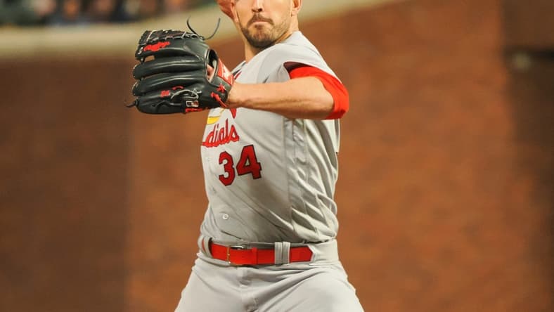 Apr 24, 2023; San Francisco, California, USA; St. Louis Cardinals relief pitcher Drew VerHagen (34) pitches the ball against the San Francisco Giants during the seventh inning at Oracle Park. Mandatory Credit: Kelley L Cox-USA TODAY Sports