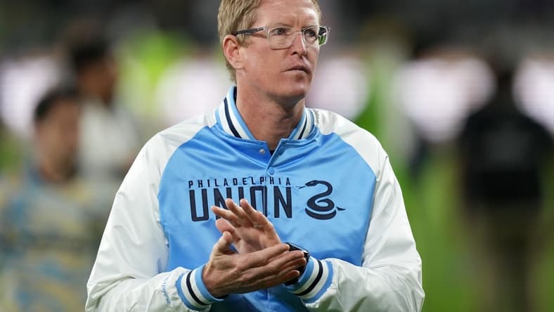 May 2, 2023; Los Angeles, CA, USA; Philadelphia Union coach Jim Curtin reacts during the game against the LAFC at BMO Stadium. Mandatory Credit: Kirby Lee-USA TODAY Sports