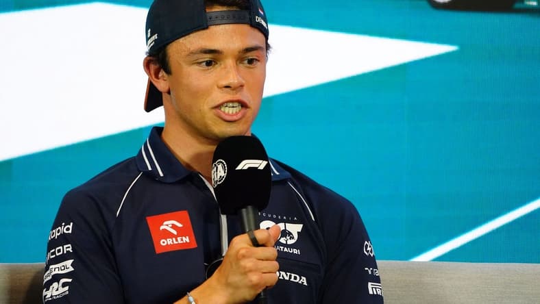 May 4, 2023; Miami Gardens, Florida, USA; AlphaTauri driver Nyck De Vries (21) of Netherlands talks with the media during a breakout media session at Miami International Autodrome. Mandatory Credit: John David Mercer-USA TODAY Sports