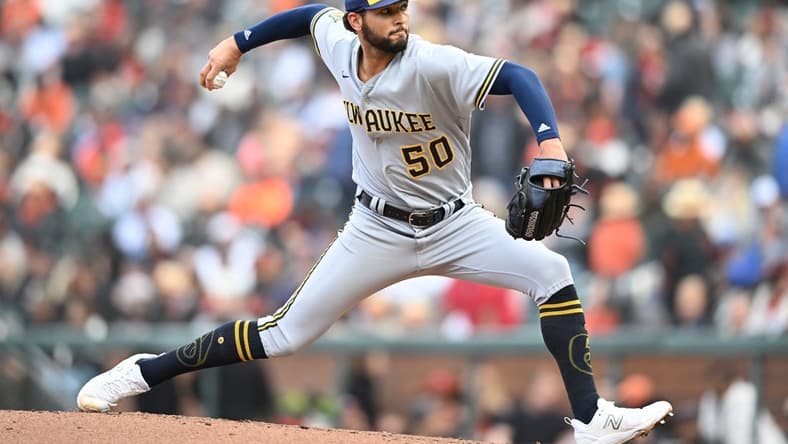 ccMay 6, 2023; San Francisco, California, USA; Milwaukee Brewers pitcher Tyson Miller (50) throws a pitch against the San Francisco Giants during the seventh inning at Oracle Park. Mandatory Credit: Robert Edwards-USA TODAY Sports