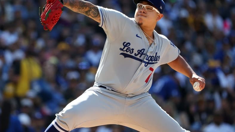 May 7, 2023; San Diego, California, USA; Los Angeles Dodgers starting pitcher Julio Urias (7) throws a pitch during the first inning against the San Diego Padres at Petco Park. Mandatory Credit: Kiyoshi Mio-USA TODAY Sports