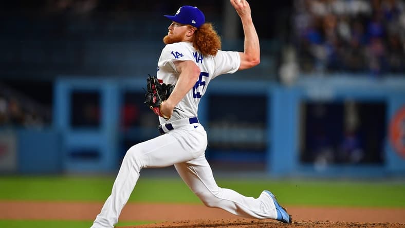 May 12, 2023; Los Angeles, California, USA; Los Angeles Dodgers starting pitcher Dustin May (85) throws against the San Diego Padres during the fourth inning at Dodger Stadium. Mandatory Credit: Gary A. Vasquez-USA TODAY Sports