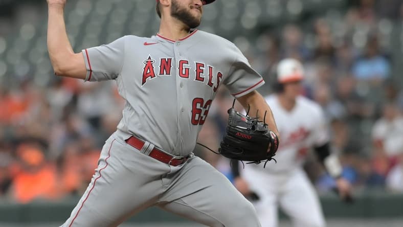 May 16, 2023; Baltimore, Maryland, USA;  Los Angeles Angels starting pitcher Chase Silseth (63) throws a first inning pitch against the Baltimore Orioles at Oriole Park at Camden Yards. Mandatory Credit: Tommy Gilligan-USA TODAY Sports
