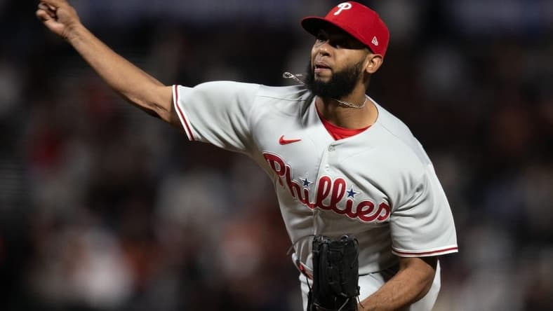 May 16, 2023; San Francisco, California, USA; Philadelphia Phillies pitcher Seranthony Dom nguez (58) delivers a pitch against the San Francisco Giants during the seventh inning at Oracle Park. Mandatory Credit: D. Ross Cameron-USA TODAY Sports
