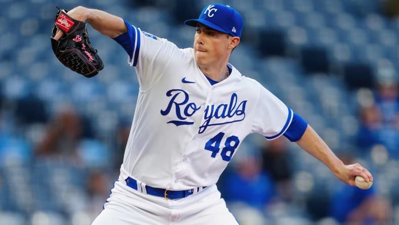 May 2, 2023; Kansas City, Missouri, USA; Kansas City Royals relief pitcher Ryan Yarbrough (48) pitches during the first inning against the Baltimore Orioles at Kauffman Stadium. Mandatory Credit: Jay Biggerstaff-USA TODAY Sports