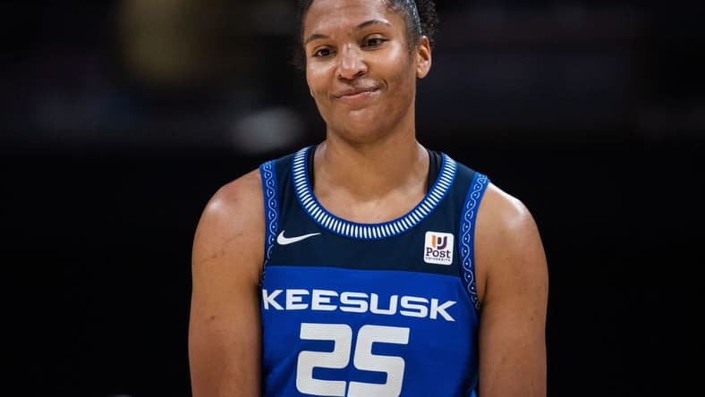 May 19, 2023; Indianapolis, Indiana, USA; Connecticut Sun forward Alyssa Thomas (25) in the second half against the Indiana Fever at Gainbridge Fieldhouse. Mandatory Credit: Trevor Ruszkowski-USA TODAY Sports