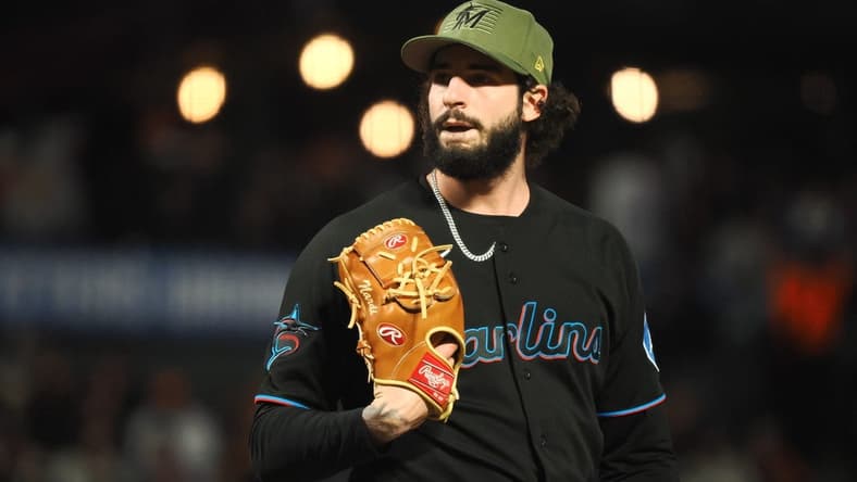 May 19, 2023; San Francisco, California, USA; Miami Marlins relief pitcher Andrew Nardi (43) on the mound against the San Francisco Giants during the sixth inning at Oracle Park. Mandatory Credit: Kelley L Cox-USA TODAY Sports