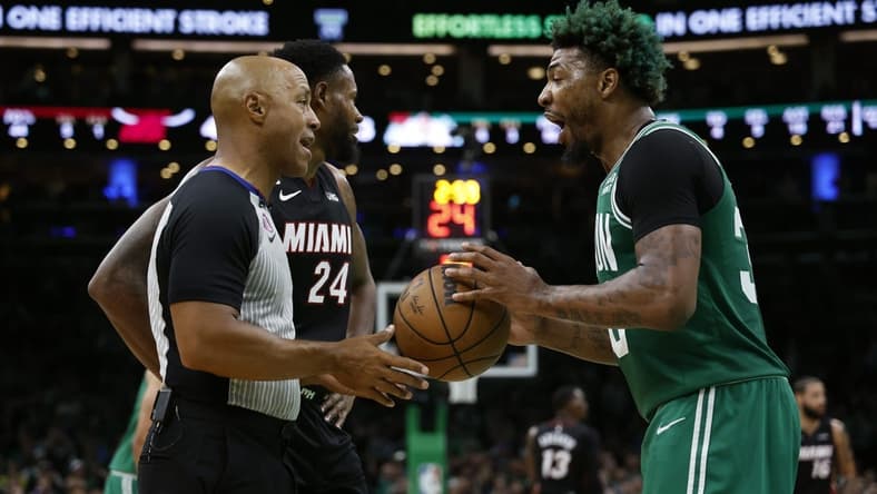 May 25, 2023; Boston, Massachusetts, USA; Boston Celtics guard Marcus Smart (36) reacts to an official during the second quarter against the Miami Heat in game five of the Eastern Conference Finals for the 2023 NBA playoffs at TD Garden. Mandatory Credit: Winslow Townson-USA TODAY Sports