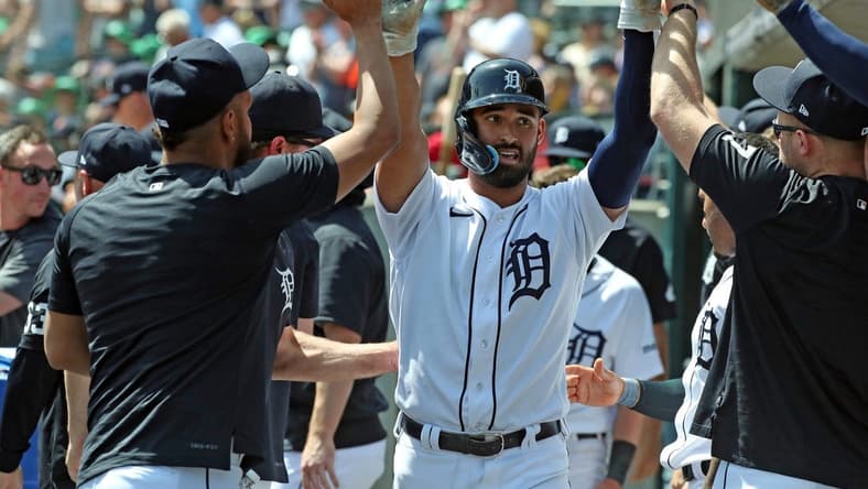 Detroit Tigers center fielder Riley Greene (31) celebrates scoring against the Chicago White Sox during seventh-inning action at Comerica Park in Detroit on Saturday, May 27, 2023.