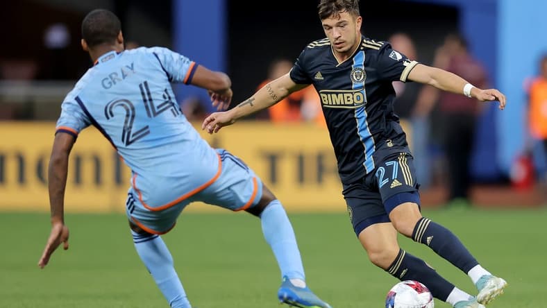 May 27, 2023; Flushing, New York, USA; Philadelphia Union defender Kai Wagner (27) controls the ball against New York City FC defender Tayvon Gray (24) during the first half at Citi Field. Mandatory Credit: Brad Penner-USA TODAY Sports