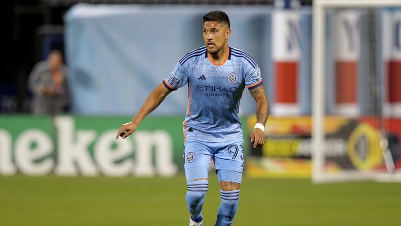 May 27, 2023; Flushing, New York, USA; New York City FC defender Tony Alfaro (93) controls the ball against the Philadelphia Union during the second half at Citi Field. Mandatory Credit: Brad Penner-USA TODAY Sports
