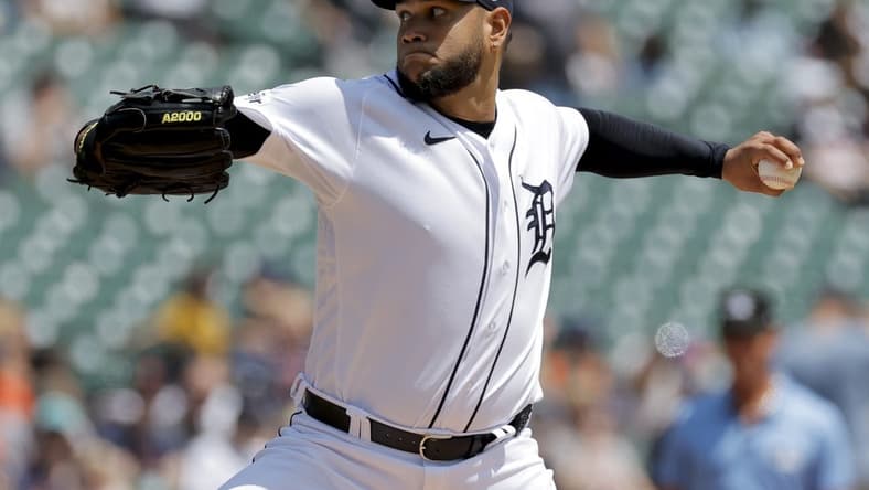 May 28, 2023; Detroit, Michigan, USA; Detroit Tigers starting pitcher Eduardo Rodriguez (57) pitches in the first inning against the Chicago White Sox at Comerica Park. Mandatory Credit: Rick Osentoski-USA TODAY Sports