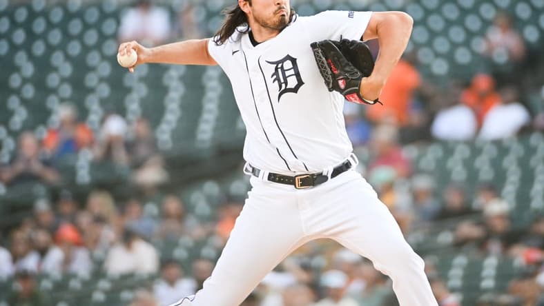 May 30, 2023; Detroit, Michigan, USA; Detroit Tigers starting pitcher Alex Faedo (49) pitches during the first inning against the Texas Rangers at Comerica Park. Mandatory Credit: Tim Fuller-USA TODAY Sports