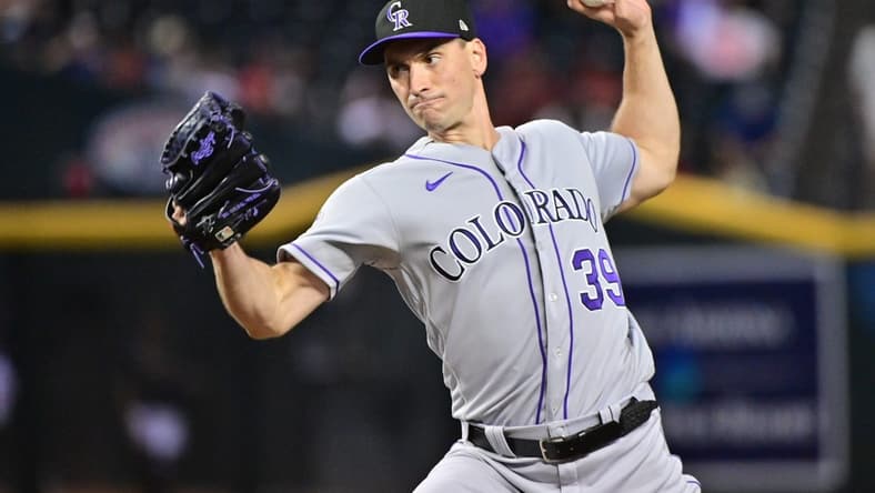 May 31, 2023; Phoenix, Arizona, USA; Colorado Rockies relief pitcher Brent Suter (39) throws in the eighth inning against the Arizona Diamondbacks at Chase Field. Mandatory Credit: Matt Kartozian-USA TODAY Sports