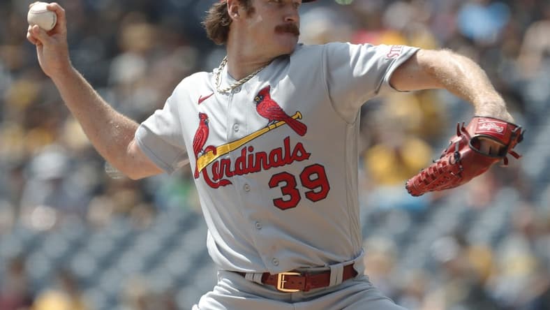 Jun 4, 2023; Pittsburgh, Pennsylvania, USA; St. Louis Cardinals starting pitcher Miles Mikolas (39) throws a pitch in the first inning against the Pittsburgh Pirates at PNC Park. Mandatory Credit: Charles LeClaire-USA TODAY Sports