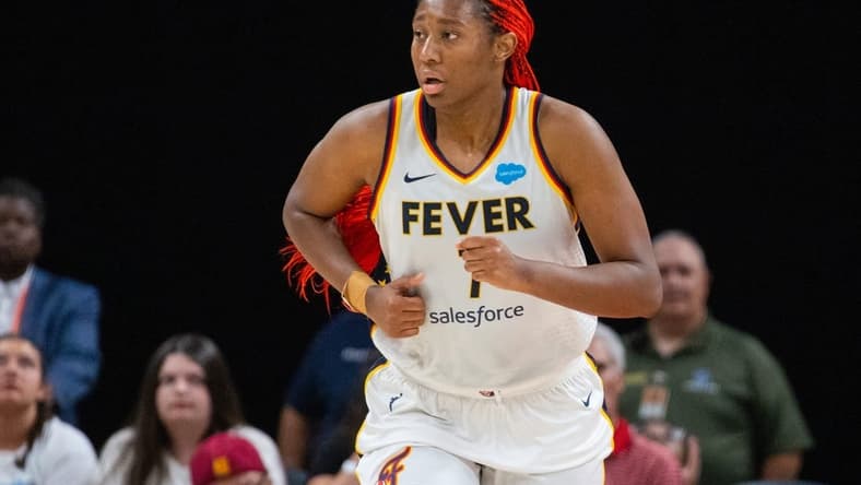 Jun 4, 2023; Indianapolis, Indiana, USA; Indiana Fever center Aliyah Boston (7) in the second half against the Las Vegas Aces at Gainbridge Fieldhouse. Mandatory Credit: Trevor Ruszkowski-USA TODAY Sports