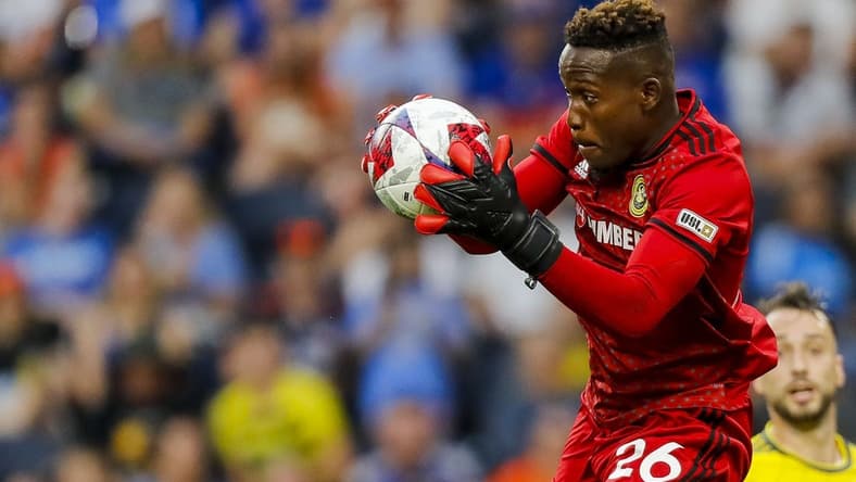 Jun 6, 2023; Cincinnati, OH, USA; Pittsburgh Riverhounds SC goalkeeper Jahmali Waite (26) makes a save against FC Cincinnati in the first half at TQL Stadium. Mandatory Credit: Katie Stratman-USA TODAY Sports