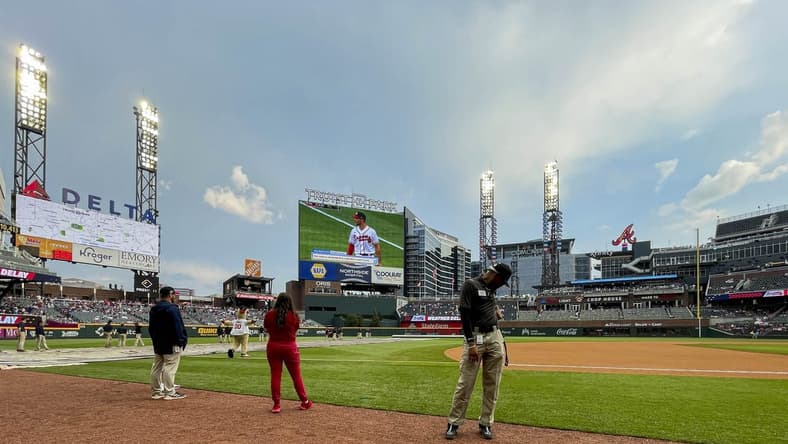 Jun 6, 2023; Cumberland, Georgia, USA; A general view of the field during a weather delay prior to the game between the Atlanta Braves against the New York Mets at Truist Park. Mandatory Credit: Dale Zanine-USA TODAY Sports