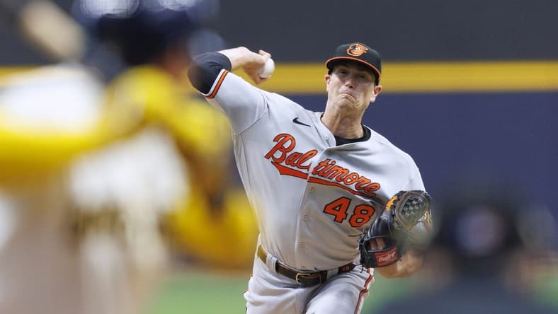 Jun 6, 2023; Milwaukee, Wisconsin, USA;  Baltimore Orioles pitcher Kyle Gibson (48) throws a pitch during the first inning against the Milwaukee Brewers at American Family Field. Mandatory Credit: Jeff Hanisch-USA TODAY Sports