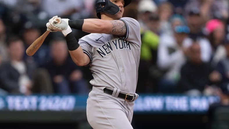 May 31, 2023; Seattle, Washington, USA; New York Yankees first baseman Jake Bauers (61) takes a swing during an at-bat against the Seattle Mariners at T-Mobile Park. Mandatory Credit: Stephen Brashear-USA TODAY Sports