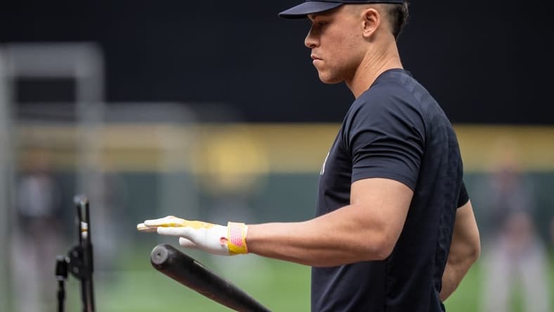 May 31, 2023; Seattle, Washington, USA; New York Yankees designated hitter Aaron Judge (99) is pictured during batting practice before a game against the Seattle Mariners at T-Mobile Park. Mandatory Credit: Stephen Brashear-USA TODAY Sports