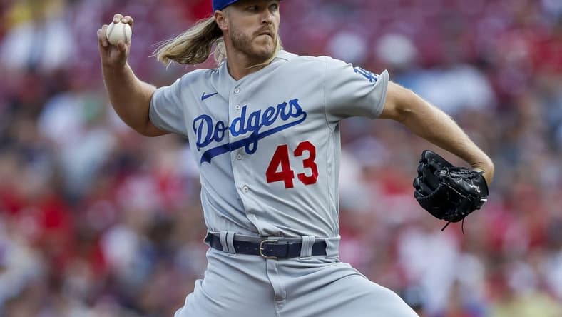 Jun 7, 2023; Cincinnati, Ohio, USA; Los Angeles Dodgers starting pitcher Noah Syndergaard (43) pitches against the Cincinnati Reds in the first inning at Great American Ball Park. Mandatory Credit: Katie Stratman-USA TODAY Sports