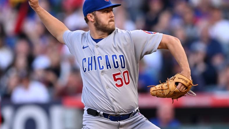 Jun 7, 2023; Anaheim, California, USA; Chicago Cubs starting pitcher Jameson Taillon (50) throws to the plate in the first inning of the game against the Los Angeles Angels at Angel Stadium. Mandatory Credit: Jayne Kamin-Oncea-USA TODAY Sports