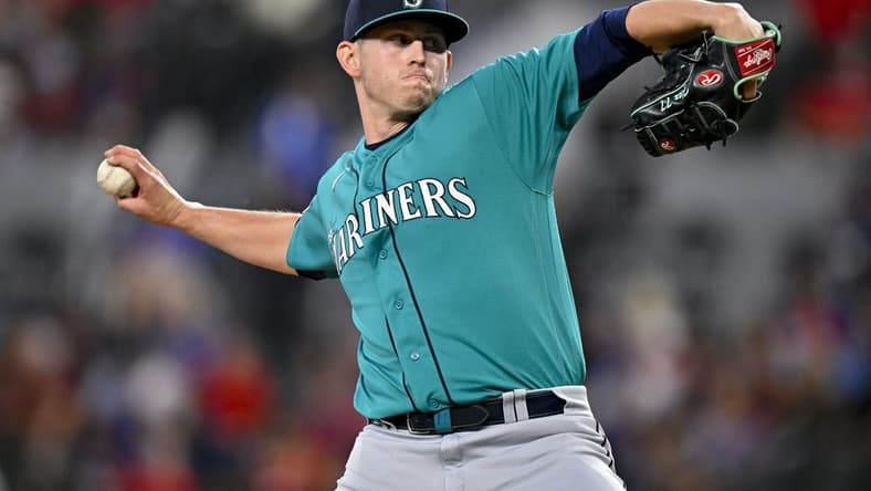 Jun 3, 2023; Arlington, Texas, USA; Seattle Mariners starting pitcher Chris Flexen (77) in action during the game between the Texas Rangers and the Seattle Mariners at Globe Life Field. Mandatory Credit: Jerome Miron-USA TODAY Sports