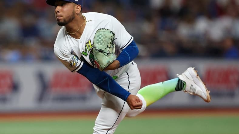 Jun 9, 2023; St. Petersburg, Florida, USA;  Tampa Bay Rays starting pitcher Luis Patino (1) against the Texas Rangers in the eighth inning at Tropicana Field. Mandatory Credit: Nathan Ray Seebeck-USA TODAY Sports