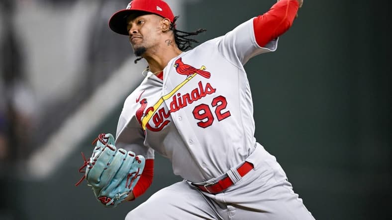 Jun 5, 2023; Arlington, Texas, USA; St. Louis Cardinals relief pitcher Genesis Cabrera (92) in action during the game between the Texas Rangers and the St. Louis Cardinals at Globe Life Field. Mandatory Credit: Jerome Miron-USA TODAY Sports