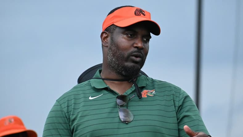 Florida A&M football Willie Simmons talks to campers following his RAC BOYZ 2.0 7-on-7 Camp at Bragg Memorial Stadium in Tallahassee, Florida, Saturday, June 10, 2023