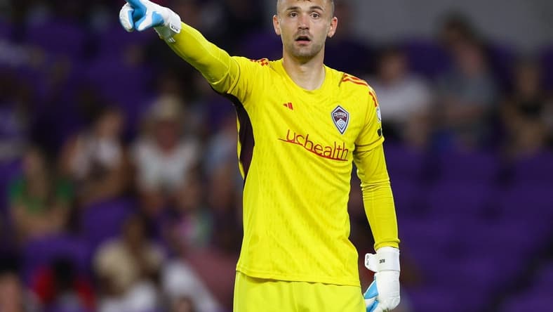 Jun 10, 2023; Orlando, Florida, USA; Colorado Rapids goalkeeper Marko Ilic (1) directs his team during a free kick against Orlando City SC in the second half at Exploria Stadium. Mandatory Credit: Nathan Ray Seebeck-USA TODAY Sports