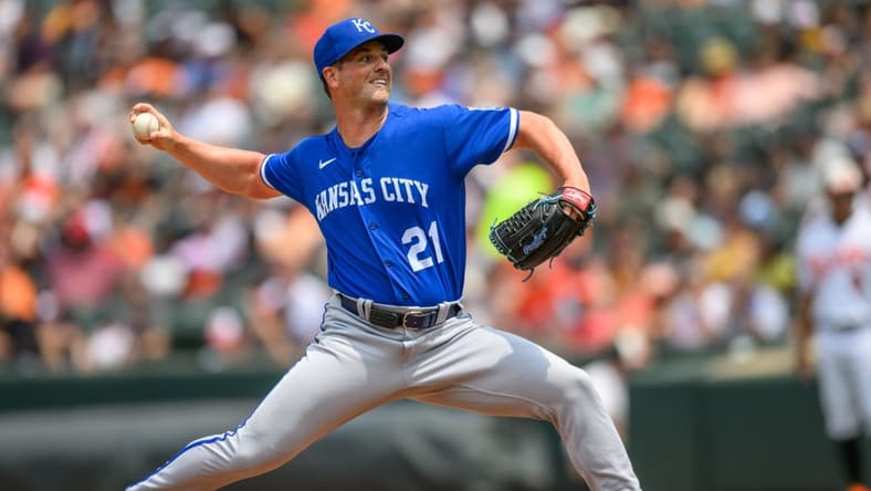 Jun 11, 2023; Baltimore, Maryland, USA; Kansas City Royals relief pitcher Mike Mayers (21) throws a pitch during the second inning against the Baltimore Orioles at Oriole Park at Camden Yards. Mandatory Credit: Reggie Hildred-USA TODAY Sports