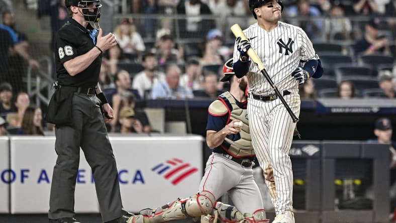 Jun 11, 2023; Bronx, New York, USA; New York Yankees catcher Jose Trevino (39) reacts after striking out against the Boston Red Sox during the tenth inning at Yankee Stadium. Mandatory Credit: John Jones-USA TODAY Sports