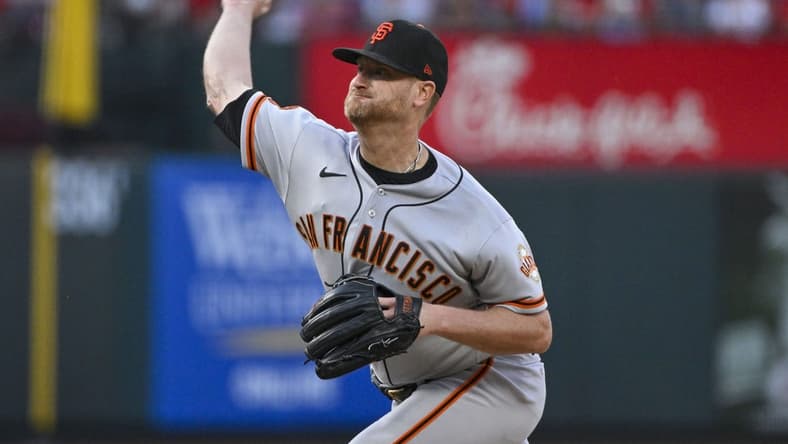 Jun 13, 2023; St. Louis, Missouri, USA;  San Francisco Giants starting pitcher Alex Cobb (38) pitches against the St. Louis Cardinals during the second inning at Busch Stadium. Mandatory Credit: Jeff Curry-USA TODAY Sports