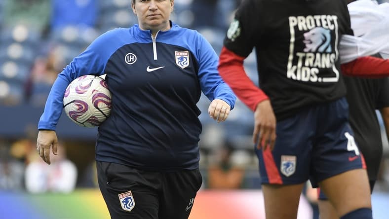 Jun 10, 2023; Seattle, Washington, USA; OL Reign head coach Laura Harvey looks on before the game against the Kansas City Current at Lumen Field. Mandatory Credit: Michael Thomas Shroyer-USA TODAY Sports