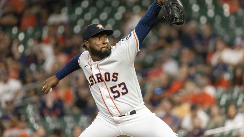 Jun 15, 2023; Houston, Texas, USA; Houston Astros starting pitcher Cristian Javier (53) pitches against the Washington Nationals in the first inning at Minute Maid Park. Mandatory Credit: Thomas Shea-USA TODAY Sports