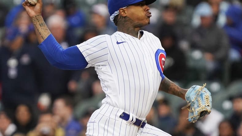 Jun 15, 2023; Chicago, Illinois, USA; Chicago Cubs starting pitcher Marcus Stroman (0) throws against the Pittsburgh Pirates during the first inning at Wrigley Field. Mandatory Credit: David Banks-USA TODAY Sports