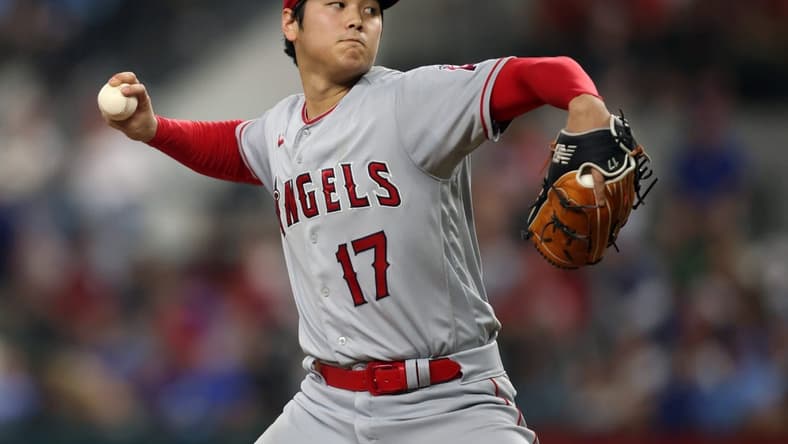 Jun 15, 2023; Arlington, Texas, USA; Los Angeles Angels starting pitcher Shohei Ohtani (17) throws a pitch in the third inning against the Texas Rangers at Globe Life Field. Mandatory Credit: Tim Heitman-USA TODAY Sports