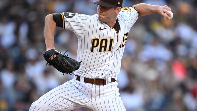 Jun 15, 2023; San Diego, California, USA; San Diego Padres relief pitcher Tom Cosgrove (59) throws a pitch against the Cleveland Guardians during the fourth inning at Petco Park. Mandatory Credit: Orlando Ramirez-USA TODAY Sports