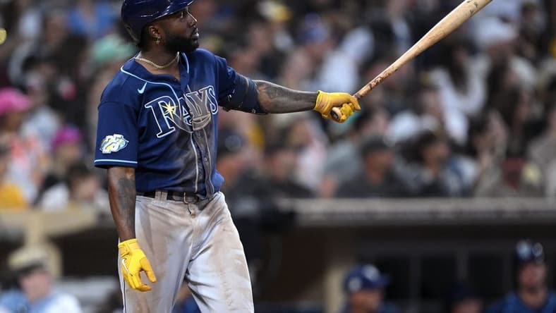 Jun 16, 2023; San Diego, California, USA; Tampa Bay Rays left fielder Randy Arozarena (56) watches his three-run home run against the San Diego Padres during the fifth inning at Petco Park. Mandatory Credit: Orlando Ramirez-USA TODAY Sports